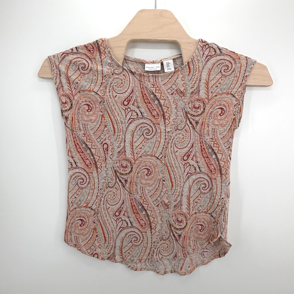 Rachel Zoe Paisley 100% Linen Top Womens Medium Beige Orange Cap Sleeve Knit
